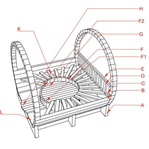May include: A black and white technical line drawing of a wooden structure with two large arched side supports. The design features a central circular platform surrounded by radiating slats, labeled with letters A, B, C, D, E, F, F1, F2, G, H, K, and L.