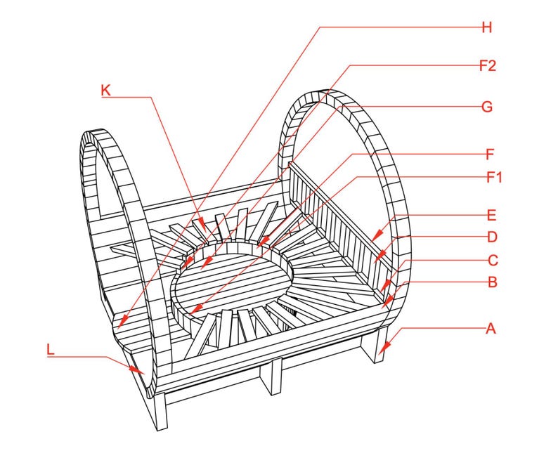 May include: A black and white technical line drawing of a wooden structure with two large arched side supports. The design features a central circular platform surrounded by radiating slats, labeled with letters A, B, C, D, E, F, F1, F2, G, H, K, and L.