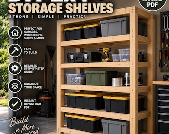 May include: A tall, five-tier wooden storage shelving unit constructed from 2x4 lumber. The shelves are filled with various plastic storage bins in black, gray, and green, along with a yellow power drill and metal canisters.