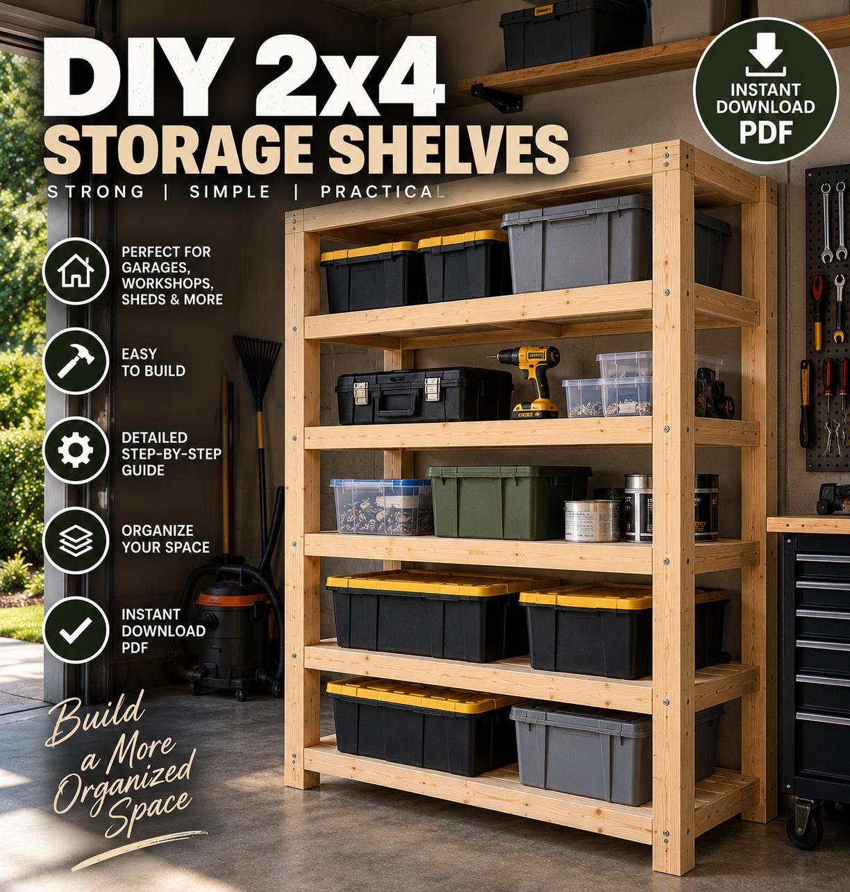DIY 2x4収納棚の設計図、ガレージ作業場用棚（PDFダウンロード