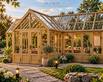 Könnte beinhalten: Ein Gewächshaus aus Holz mit Glasscheiben und Satteldach, ausgestattet mit Doppeltüren und Innenmöbeln. Ein Schild an der Außenwand trägt die Aufschrift Good Plants Happier People. Das Gebäude steht in einem Garten mit Steinwegen und Beleuchtung.
