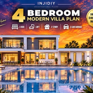 Può includere: Un piano architettonico digitale per una villa moderna con 4 camere da letto, garage per 3 auto, 2 piani e un loft. L'immagine mostra una casa a due piani con piscina al tramonto, incluso il testo: INJIDIY ARCHITECTURAL PLANS.