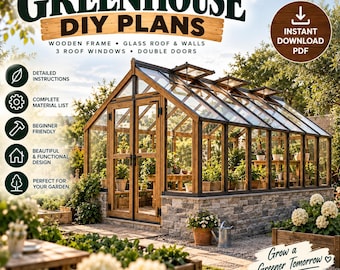 DIY Wooden Glass Greenhouse Plans, 3 Roof Windows, Double Doors (PDF Download)