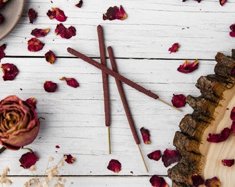 3 Rose Incense Sticks - Hand-Rolled All-Natural Organic Herbal Incense - made with Red Rose Petals - Traditional, Small-Batch, Artisan-Made