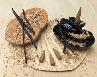 Sandalwood Vanilla Backflow Cones - White Sandalwood and Vanilla Beans - Traditional, Artisan-Rolled Organic Herbal Incense