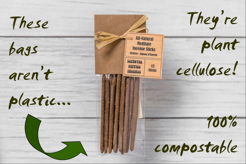 This picture shows a package of Leftover Hippies Incense with an arrow pointing and the text "These bags aren't plastic... They're plant cellulose! 100% compostable"