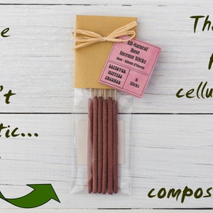 Peut inclure: Un paquet de six b&acirc;tonnets d'encens &agrave; la rose enti&egrave;rement naturels dans un sac en plastique transparent. Le sac est attach&eacute; avec un ruban brun et une &eacute;tiquette rose qui indique "All-Natural Rose Incense Sticks". Le texte "They're plant cellulose! 100% compostable" est &eacute;crit sur un fond en bois blanc.