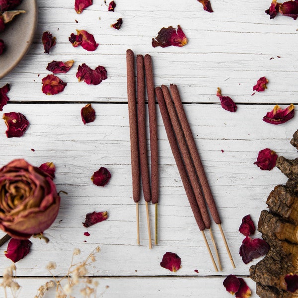 Rose Incense Sticks - Hand-Rolled Organic Herbal Incense - All Natural Incense 6 or 12 - Red Rose Petal Encens, Insence, Insense, Inscent