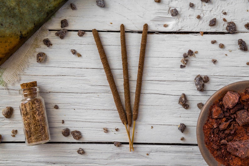 3 Meditate Incense Sticks Real Benzoin, Dragonsblood & Sandalwood Traditional Artisan-Rolled Resin Incense Nag Champa-Type Scent image 1