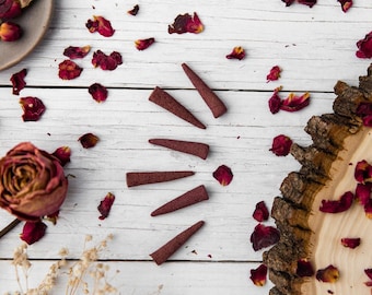 Rose Incense Cones - Organic, Herbal, Hand-Rolled from Red Rose Petals - 6 or 12