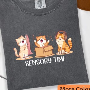 May include: Dark grey t-shirt with a graphic of three cartoon cats. One cat holds a pink cloth, another pops out of a box, and the third wears headphones. The text "SENSORY TIME" is below the cats.