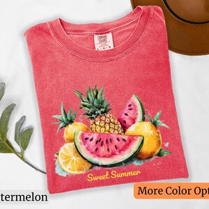 Comfort Colors® Sweet Summer Tropical Fruit T-Shirt – Watercolor Pineapple, Watermelon, Lemon – Cute Hand Drawn Summer Tee