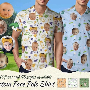 May include: Two polo shirts with a custom face design. One shirt is white with golf-themed graphics and baby faces. The other is light blue with golf graphics and baby faces. The text reads "1-10 faces and 48 styles available Custom Face Polo Shirt."
