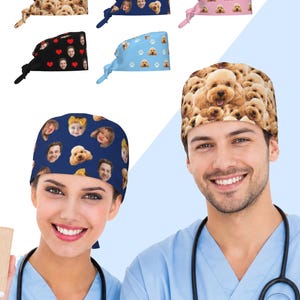May include: A collection of scrub caps featuring custom photo prints of faces and pets. The designs include a tan dog pattern, a navy blue cap with faces, a pink cap with dog faces, a black cap with hearts and faces, and a light blue cap with paw prints.