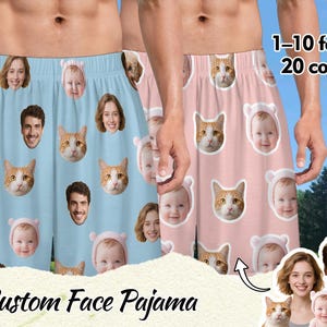 Puede incluir: Pantalones cortos de pijama azul claro y rosa con estampados de caras personalizados. Los pantalones cortos presentan varias caras y caras de gato. El texto de la imagen dice "Custom Face Pajama" y "1-10 caras 20 colores".