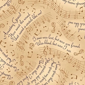 May include: A beige background with musical notes and lyrics. The lyrics include "Amazing Grace! How sweet the sound. That saved a wretch like me!" and "I once was lost but now am found. Was blind but now I see."