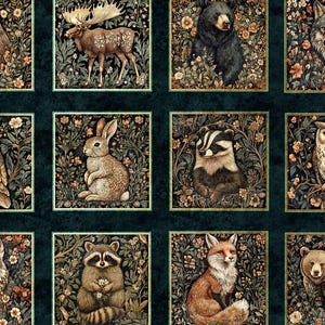 Puede incluir: Un panel de tela con una cuadrícula de treinta ilustraciones cuadradas de animales del bosque, incluyendo tejones, mapaches, búhos, conejos, ciervos, osos, lobos, bisontes y zorros, sobre un fondo floral oscuro con detalles botánicos complejos.