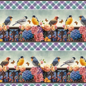 May include: A repeating fabric pattern featuring rows of colorful songbirds perched on a dark metal railing amidst clusters of pink, peach, and blue hydrangea flowers, separated by horizontal bands of a purple and white diagonal plaid design.