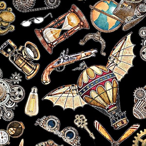 Steampunk Adventures Black Toss  - QT Fabrics - 1 Yard - More Available - Out of Print