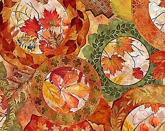 May include: A repeating pattern featuring circular designs with autumn leaves in shades of red, orange, and yellow. The leaves are arranged within decorative frames, creating a fall-themed design. The background is a mix of warm tones.