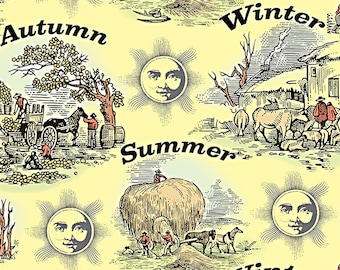 May include: A yellow background with a repeating pattern of four seasons. Each season is depicted with a sun, a scene, and the word for the season. The seasons are Spring, Summer, Autumn, and Winter.