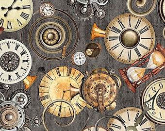 New - Steampunk Adventures Gray  Clock Toss  - QT Fabrics - 1 Yard - More Available