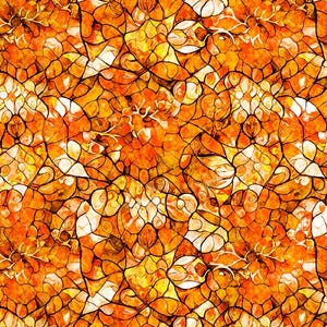 May include: A repeating pattern featuring a stained glass effect with organic, rounded shapes in shades of vibrant orange, deep amber, and golden yellow. The design is defined by thick, dark black outlines that create a mosaic-like structure.