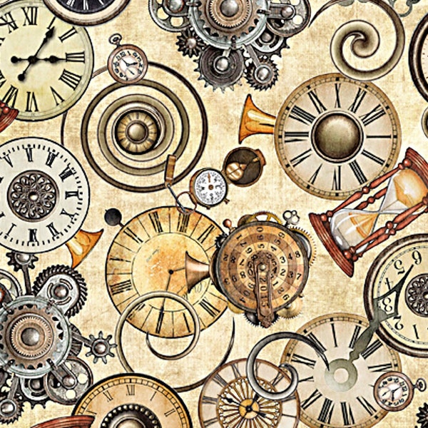 New - Steampunk Adventures Gold  Clock Toss  - QT Fabrics - 1 Yard - More Available