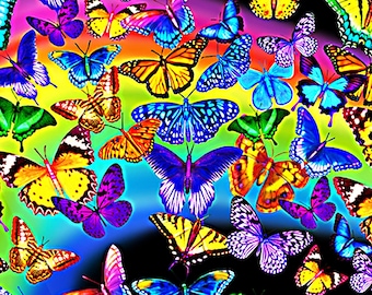 May include: A vibrant, colorful pattern featuring numerous butterflies in various sizes and colors. The butterflies have intricate wing patterns in shades of blue, yellow, orange, purple, and green, set against a rainbow gradient background.