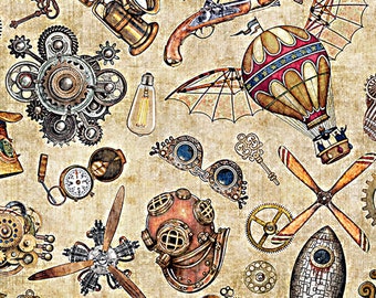 New - Steampunk Adventures Gold Toss  - QT Fabrics - 1 Yard - More Available