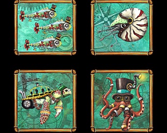 Aquatic Steampunkery Blocks - Quilting Treasures - 1 Panel (8 Blocks-24") - More Available