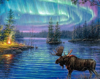 Northern Lights Moose - Abraham Hunter - Elizabeth Studios - 1 Yard Panel - More Available