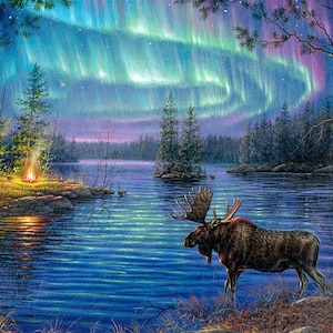 May include: A scenic painting of a lake under the aurora borealis. A large moose stands in the foreground, with a campfire on the shore. The sky is filled with vibrant green, blue, and purple lights.
