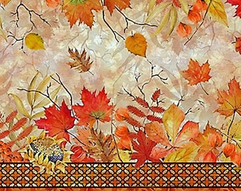 May include: A digital illustration of autumn leaves in shades of red, orange, yellow, and brown. The leaves are arranged in a random pattern on a light beige background with a brown and orange patterned border.