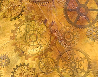 Aquatic Steampunkery Antique Gold Gears - Quilting Treasures - 1 Yard - More Available - By the Yard