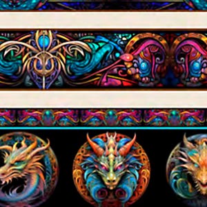 Könnte beinhalten: Ein sich wiederholendes Muster mit stilisierten Drachenköpfen und kunstvollen Designs im Glasmalerei-Stil. Die Kunstwerke verwenden Blau-, Lila-, Orange- und Grüntöne mit schwarz-weißen Rändern. Das Thema ist Fantasy und Fabelwesen.