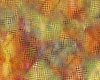 Puede incluir: Tela abstracta con un patrón texturizado de puntos. El diseño presenta una mezcla de colores cálidos, incluyendo dorado, naranja, rojo y amarillo, con toques de azul y verde. La superficie de la tela tiene una superposición similar a una cuadrícula.