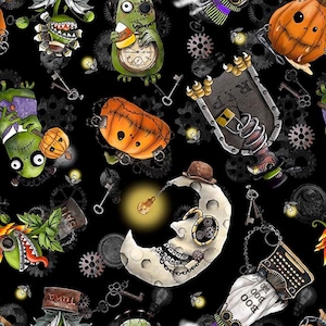 Steampunk Halloween 3 Black Toss - QT Fabrics - 1 Yard - More Available