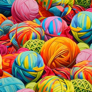 May include: A close-up of a variety of colourful yarn balls, including red, orange, yellow, green, blue, purple, and pink. The yarn is arranged in a random pattern, creating a visually appealing and textured image.