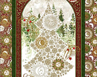 Puede incluir: Un panel de tela decorativo con temática navideña que presenta un árbol de Navidad estilizado compuesto por soles, lunas y copos de nieve. El diseño incluye un borde rojo y verde con motivos celestiales y florales. El fondo muestra un bosque nevado.