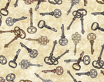 New - Steampunk Adventures Gold Keys - QT Fabrics - 1 Yard - More Available