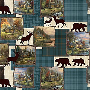 Pode incluir: Um padrão sem costura que apresenta uma colagem de cenas de floresta com cabanas, veados, alces e ursos. O fundo é um padrão xadrez azul e branco.