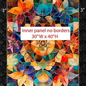 May include: A colorful stained-glass style panel with a geometric floral design. The artwork features vibrant hues of orange, blue, purple, and gold. The text "Inner panel no borders 30"W x 40"H" is displayed on the panel.