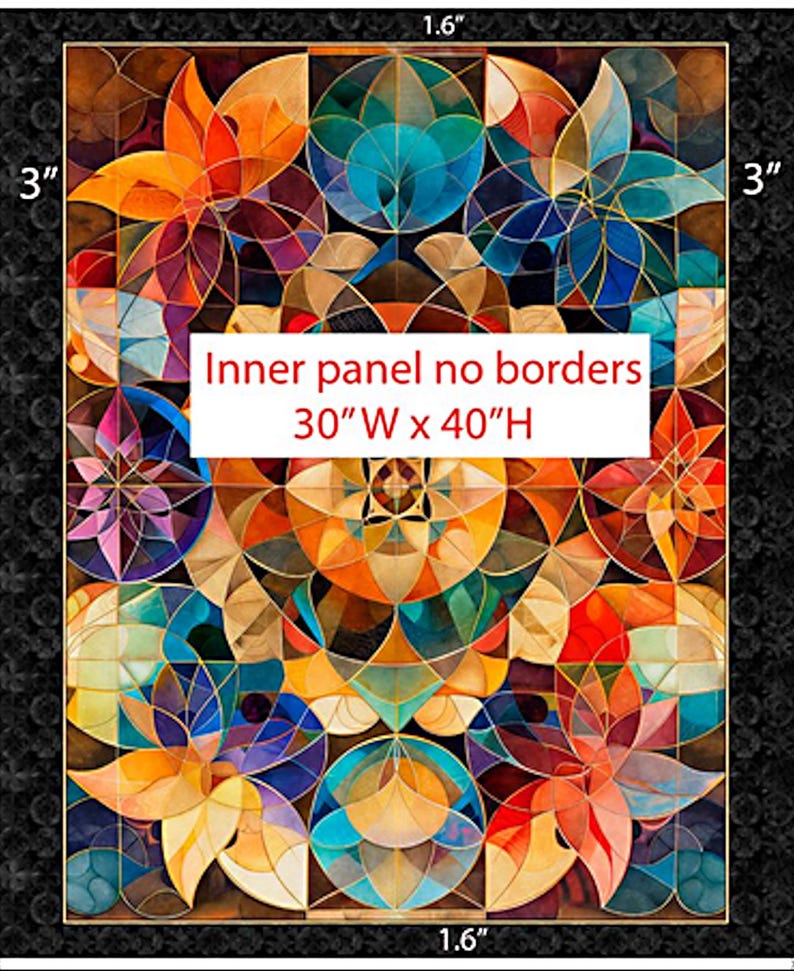 May include: A colorful stained-glass style panel with a geometric floral design. The artwork features vibrant hues of orange, blue, purple, and gold. The text "Inner panel no borders 30"W x 40"H" is displayed on the panel.