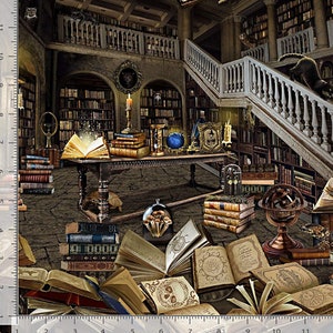 May include: A large, ornate library with bookshelves filled with books. There is a wooden table in the center of the room with a globe, an hourglass, and a stack of books on it. There are also several books scattered on the floor.