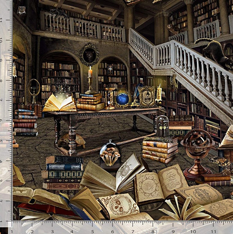 May include: A large, ornate library with bookshelves filled with books. There is a wooden table in the center of the room with a globe, an hourglass, and a stack of books on it. There are also several books scattered on the floor.