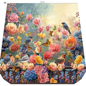 May include: A fabric panel featuring a vibrant garden scene with various songbirds, butterflies, and blooming flowers in shades of pink, orange, yellow, and blue. The design includes a dark brown decorative railing at the bottom and the text Outer Bag.