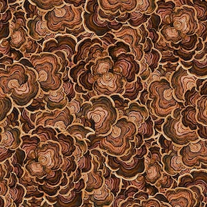 May include: A seamless pattern of brown and gold layered mushroom shapes. The pattern is reminiscent of a forest floor.