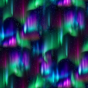 Puede incluir: Un patrón sin costuras que representa la aurora boreal. El diseño presenta bandas fluidas de luz verde, púrpura y azul sobre un fondo oscuro y estrellado. Los colores se mezclan y se superponen, creando un efecto dinámico y etéreo.