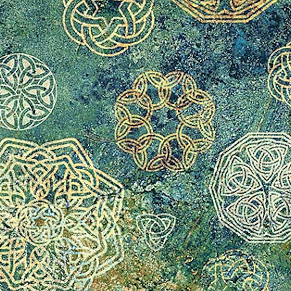 Stonehenge Solstice Light Teal Green Tossed Celtic Knots - Linda Ludovico Deborah Edwards - Fuera de impresión - Fat Quarter